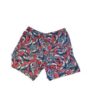 Vineyard Vines Men's 2XL Swim Trunks Shark Starfish Print Red Blue Elastic Waist